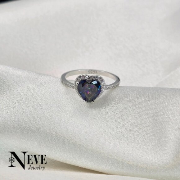Sterling Silver 925 Halo Mystic Topaz Heart Shape Ring - Picture 1 of 3